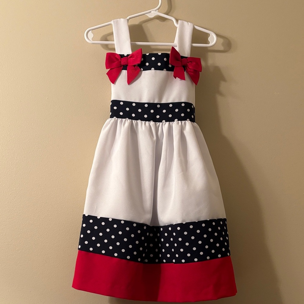 Toddler Girls White, Navy Polka Dot & Red Bow Dress Size 4T
